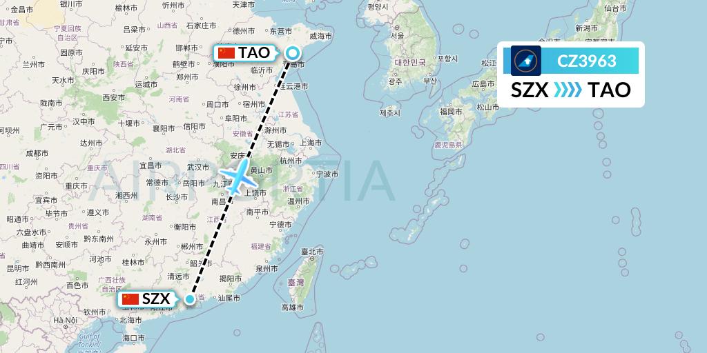 CZ3963 China Southern Airlines Flight Map: Shenzhen to Qingdao