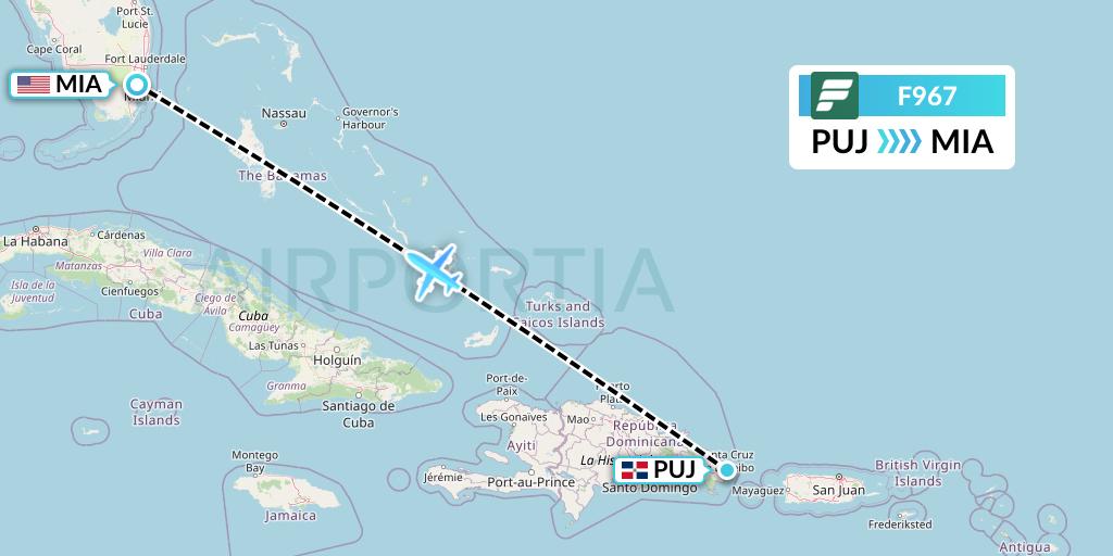 F967 Frontier Airlines Flight Map: Punta Cana to Miami