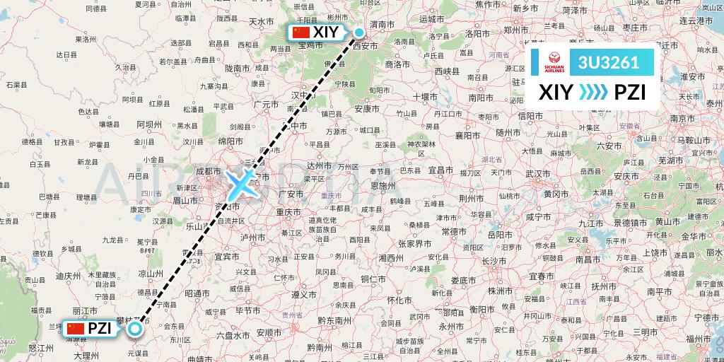 3U3261 Sichuan Airlines Flight Map: Xi'an to Panzhihua