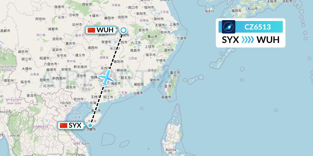 CZ6513 China Southern Airlines Flight Map: Sanya to Wuhan