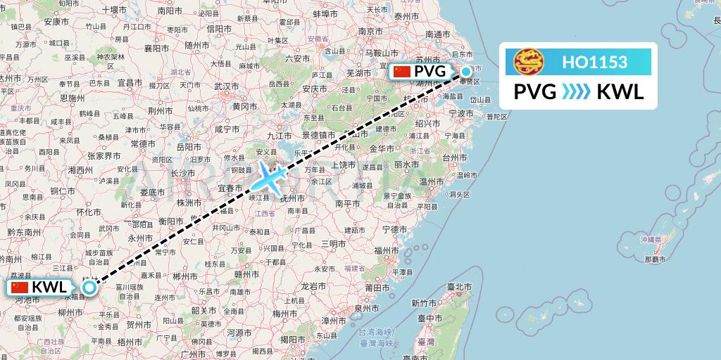 HO1153 Juneyao Airlines Flight Map: Shanghai to Guilin