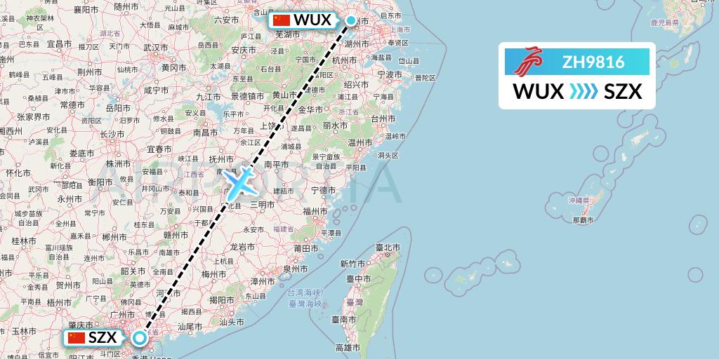 ZH9816 Shenzhen Airlines Flight Map: Wuxi to Shenzhen