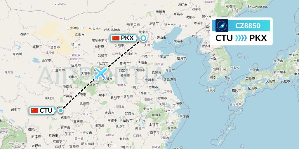 CZ8850 China Southern Airlines Flight Map: Chengdu to Beijing