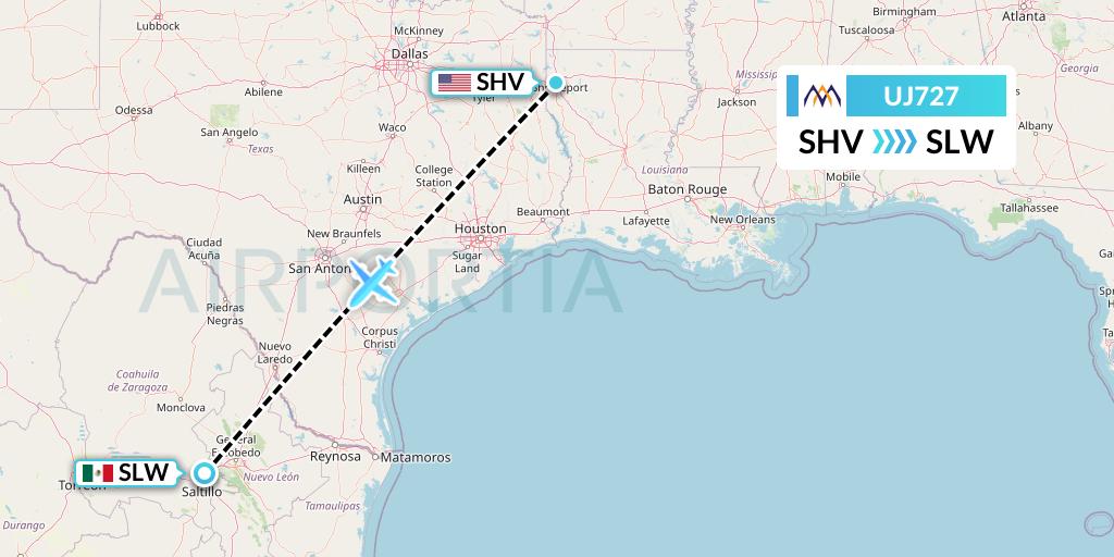 UJ727 AlMasria Universal Airlines Flight Map: Shreveport to Saltillo