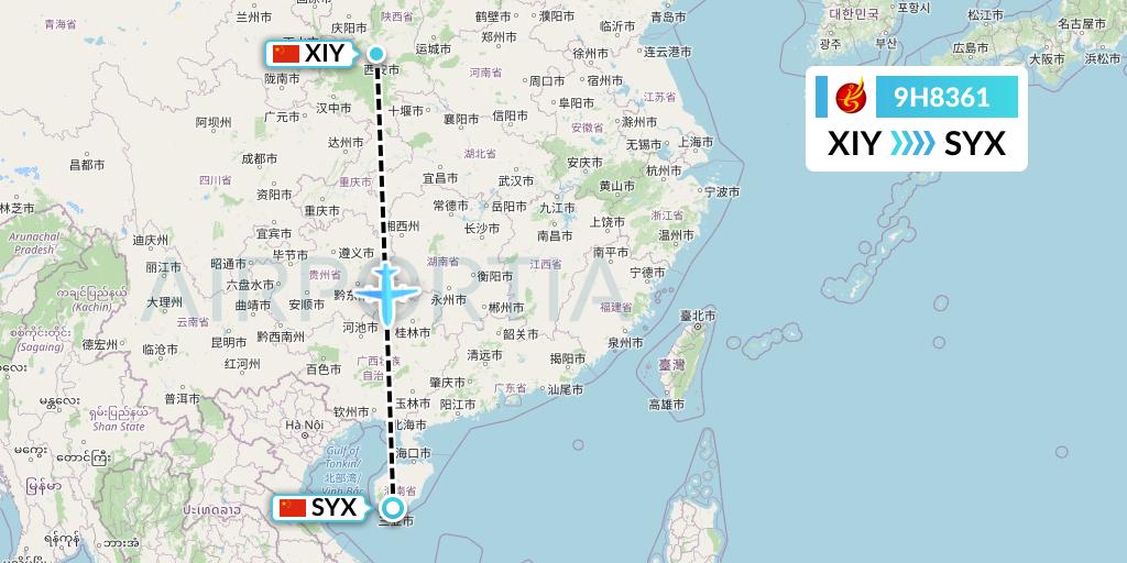 9H8361 Air Changan Flight Map: Xi'an to Sanya