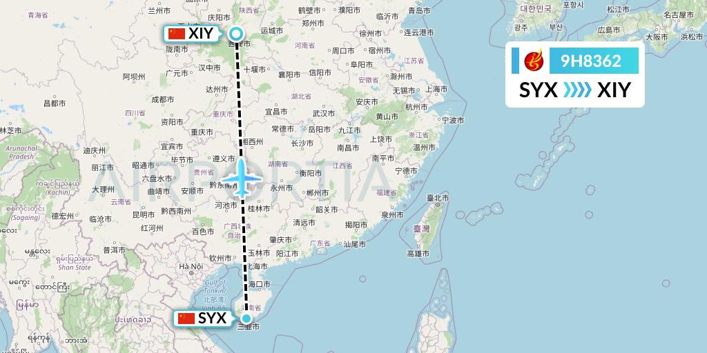 9H8362 Air Changan Flight Map: Sanya to Xi'an