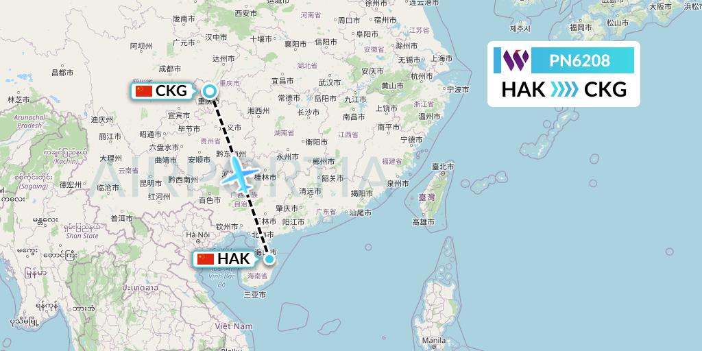PN6208 China West Air Flight Map: Haikou to Chongqing
