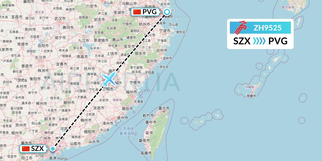 ZH9525 Shenzhen Airlines Flight Map: Shenzhen to Shanghai
