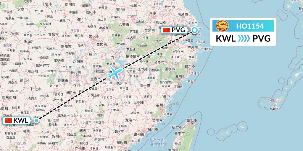 HO1154 Juneyao Airlines Flight Map: Guilin to Shanghai