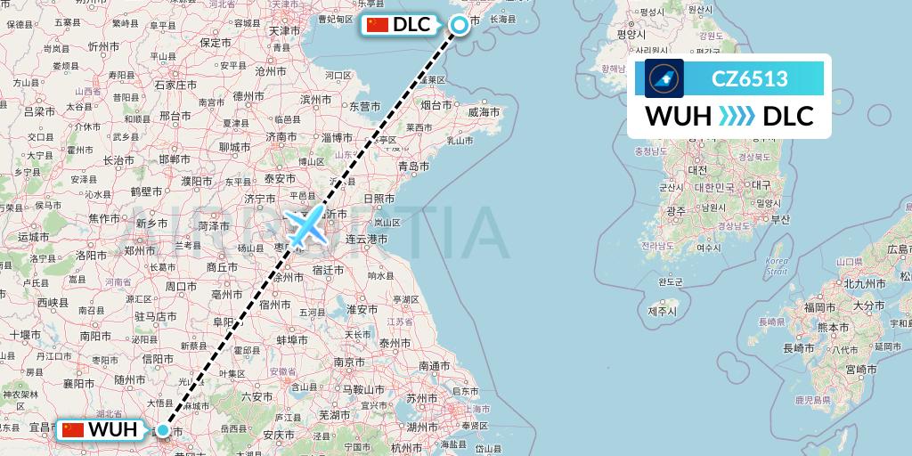 CZ6513 China Southern Airlines Flight Map: Wuhan to Dalian