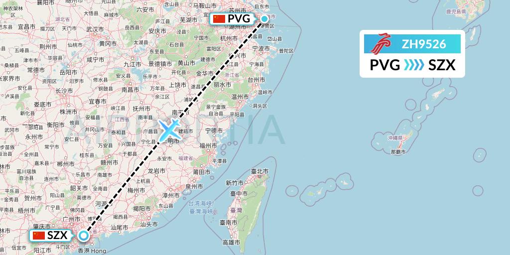 ZH9526 Shenzhen Airlines Flight Map: Shanghai to Shenzhen