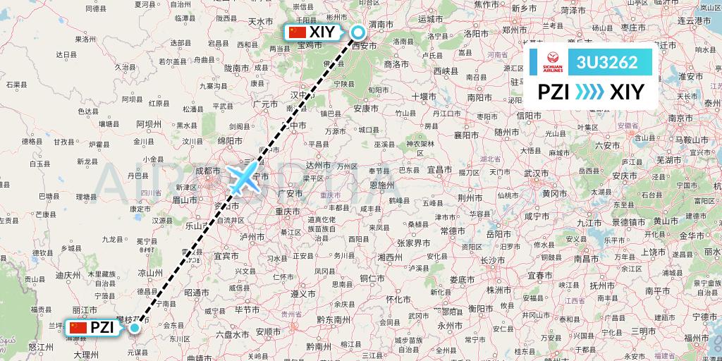 3U3262 Sichuan Airlines Flight Map: Panzhihua to Xi'an
