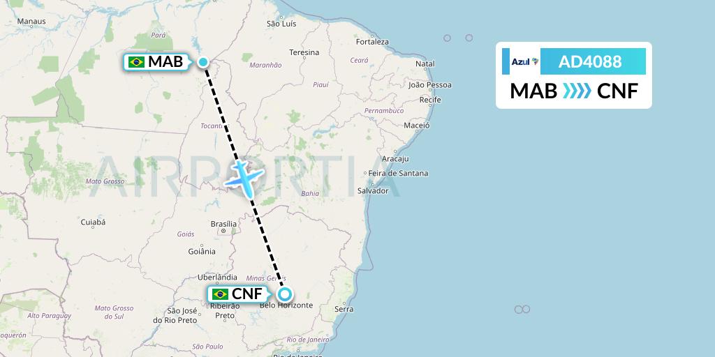 AD4088 Azul Brazilian Airlines Flight Map: Maraba to Belo Horizonte