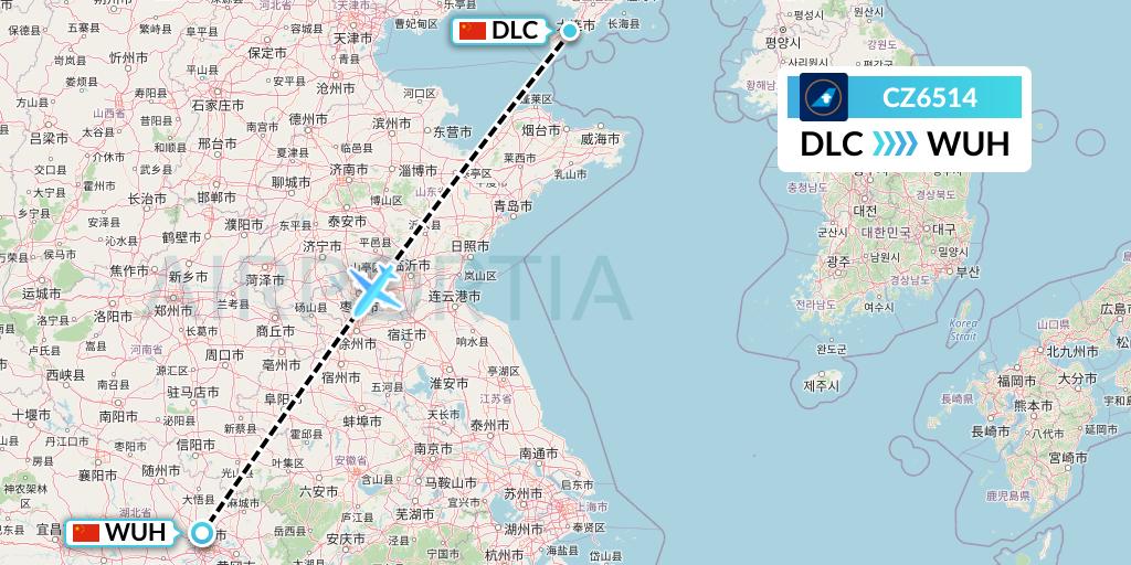 CZ6514 China Southern Airlines Flight Map: Dalian to Wuhan