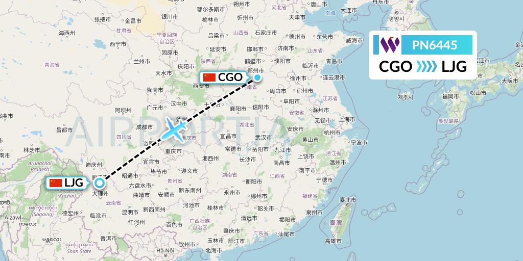 PN6445 China West Air Flight Map: Zhengzhou to Lijiang