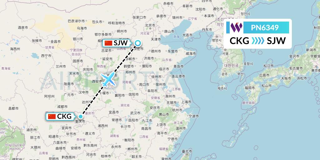 PN6349 China West Air Flight Map: Chongqing to Shijiazhuang