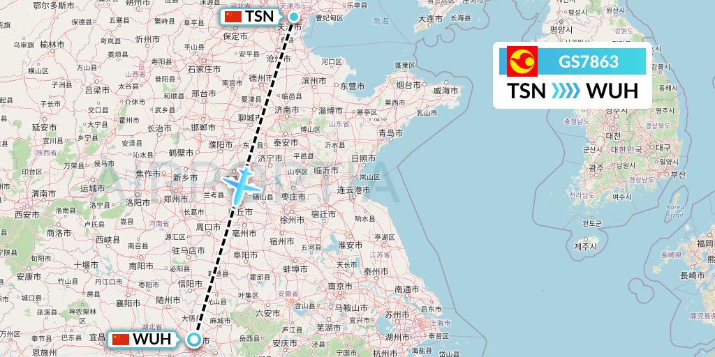 GS7863 Tianjin Airlines Flight Map: Tianjin to Wuhan