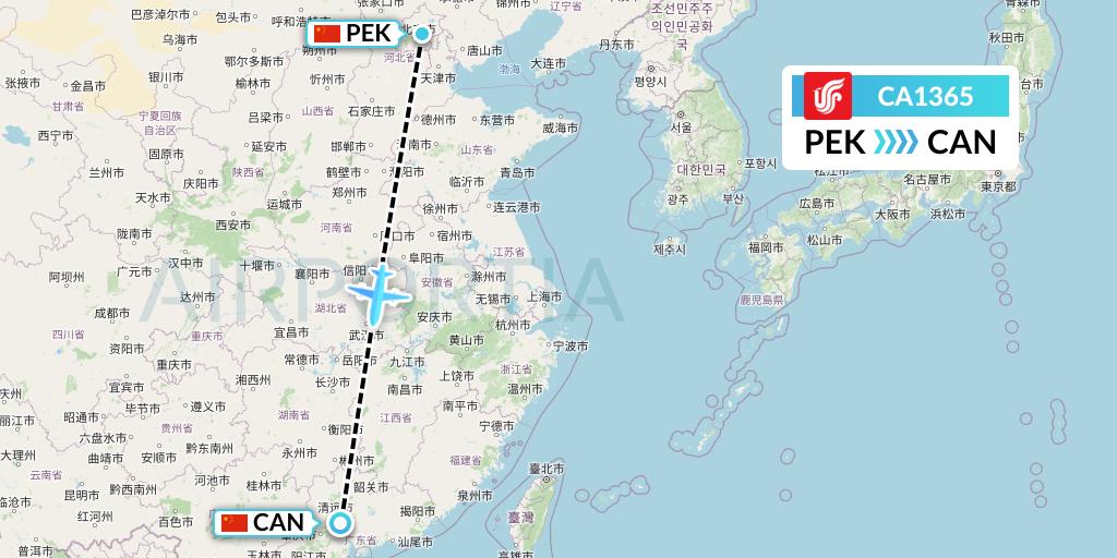 CA1365 Air China Flight Map: Beijing to Guangzhou