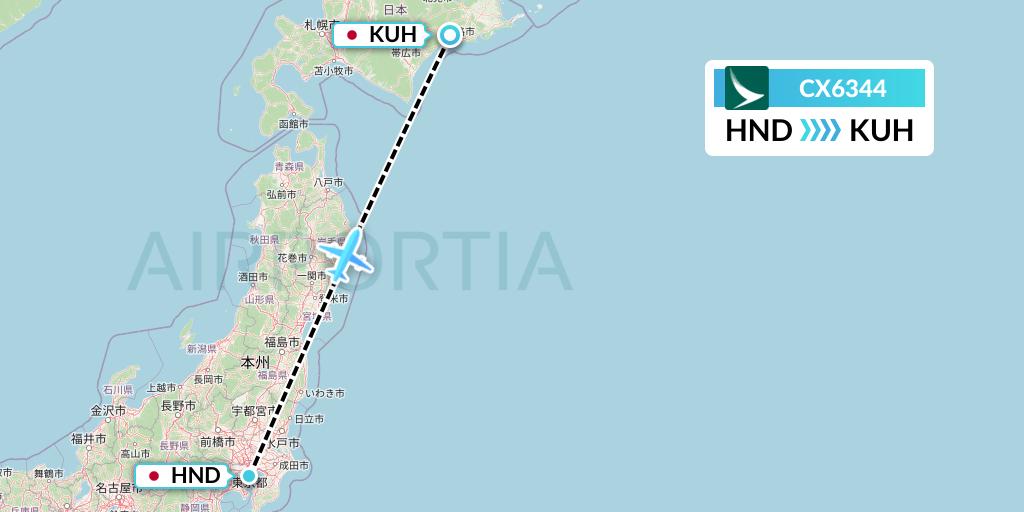 CX6344 Cathay Pacific Flight Map: Tokyo to Kushiro