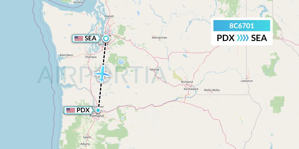 8C6701 Air Transport International Flight Map: Portland to Seattle