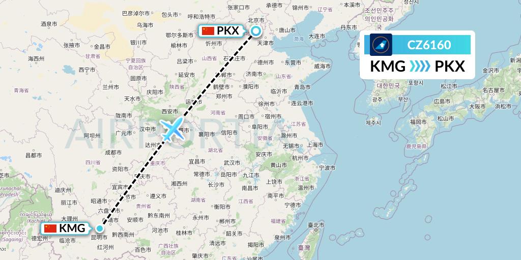 CZ6160 China Southern Airlines Flight Map: Kunming to Beijing