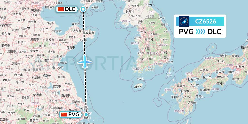 CZ6526 China Southern Airlines Flight Map: Shanghai to Dalian