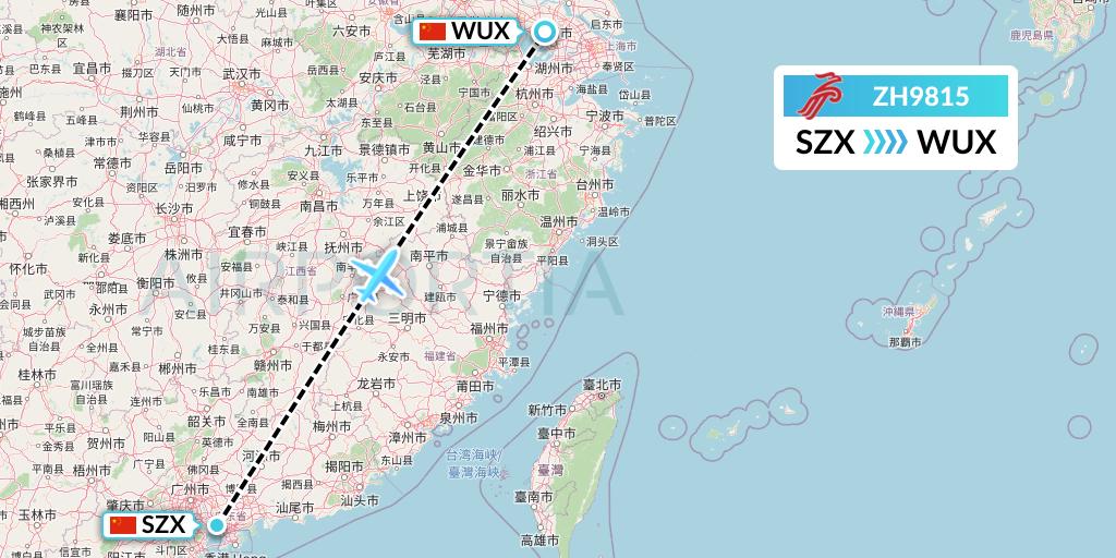 ZH9815 Shenzhen Airlines Flight Map: Shenzhen to Wuxi