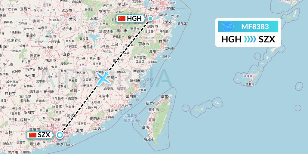 MF8383 Xiamen Airlines Flight Map: Hangzhou to Shenzhen