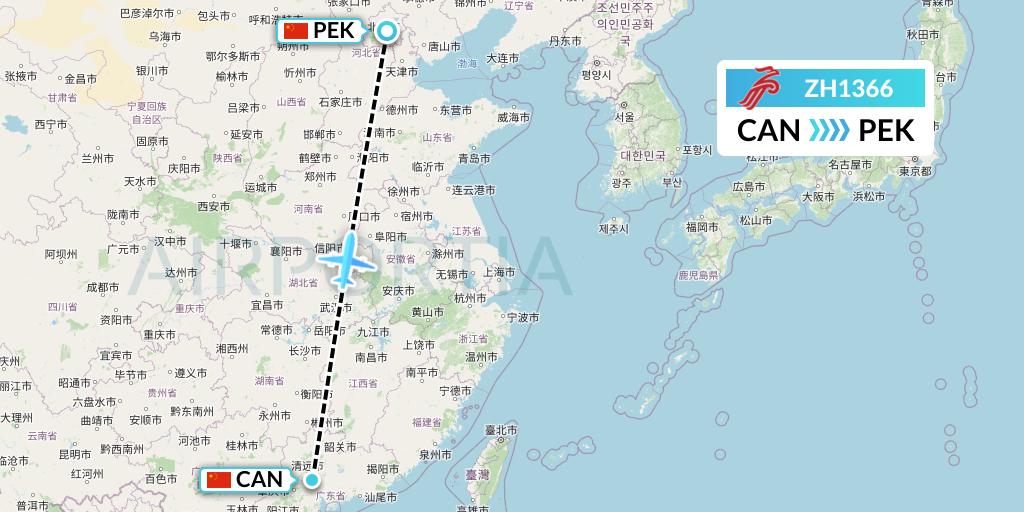 ZH1366 Shenzhen Airlines Flight Map: Guangzhou to Beijing