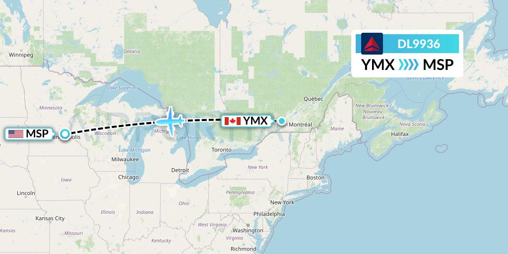 DL9936 Delta Air Lines Flight Map: Montreal to Minneapolis