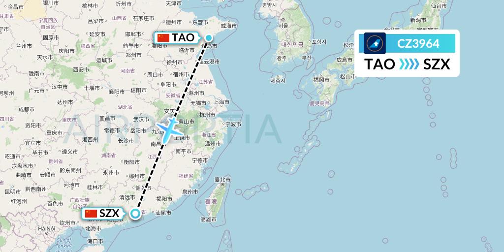 CZ3964 China Southern Airlines Flight Map: Qingdao to Shenzhen