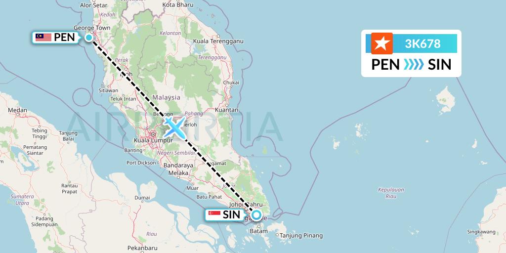 3K678 Jetstar Asia Flight Map: Penang to Singapore