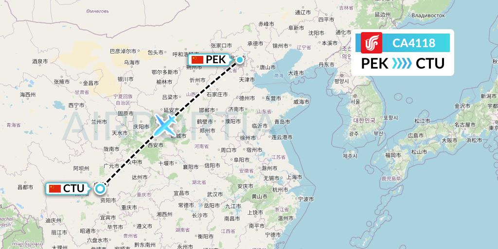 CA4118 Air China Flight Map: Beijing to Chengdu