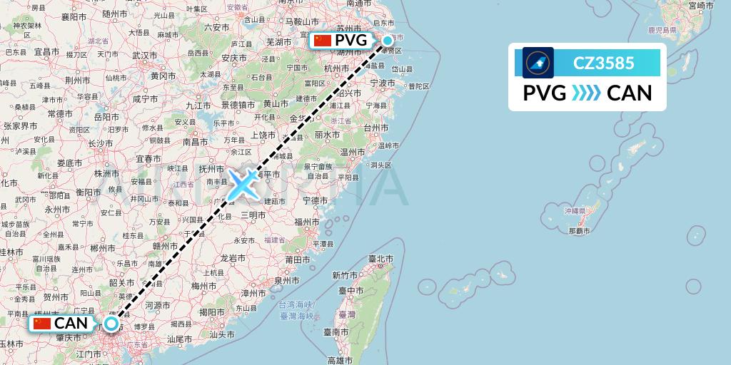 CZ3585 China Southern Airlines Flight Map: Shanghai to Guangzhou