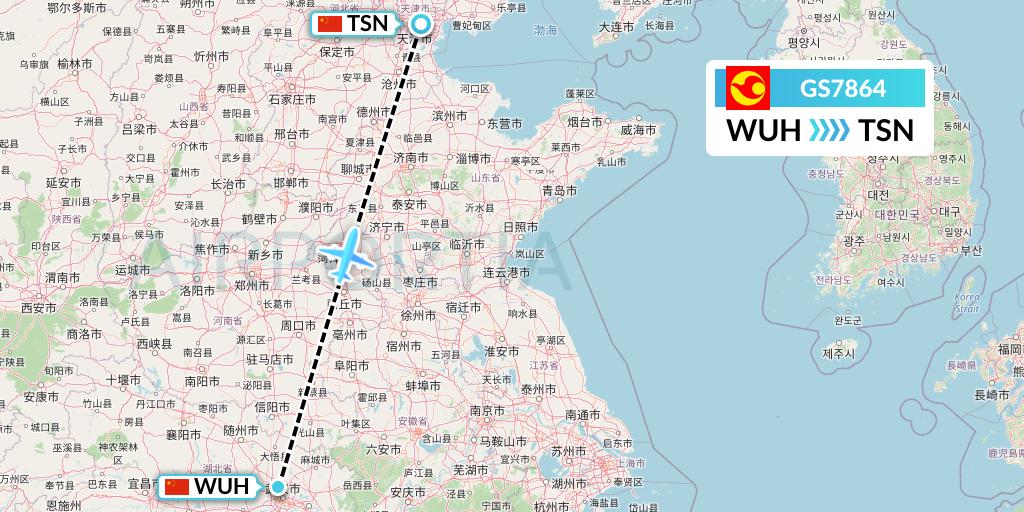 GS7864 Tianjin Airlines Flight Map: Wuhan to Tianjin