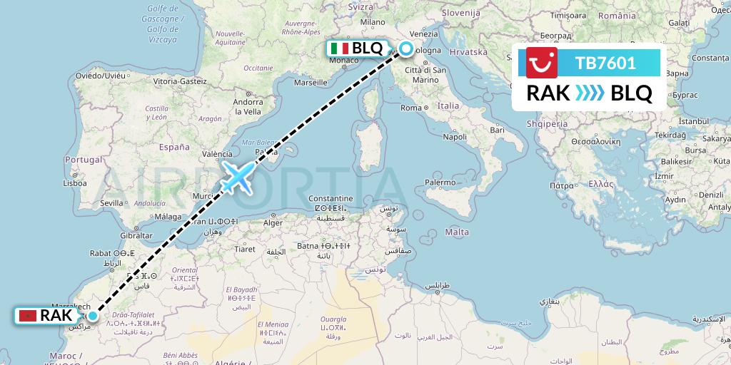 TB7601 TUI fly Belgium Flight Map: Marrakesh to Bologna