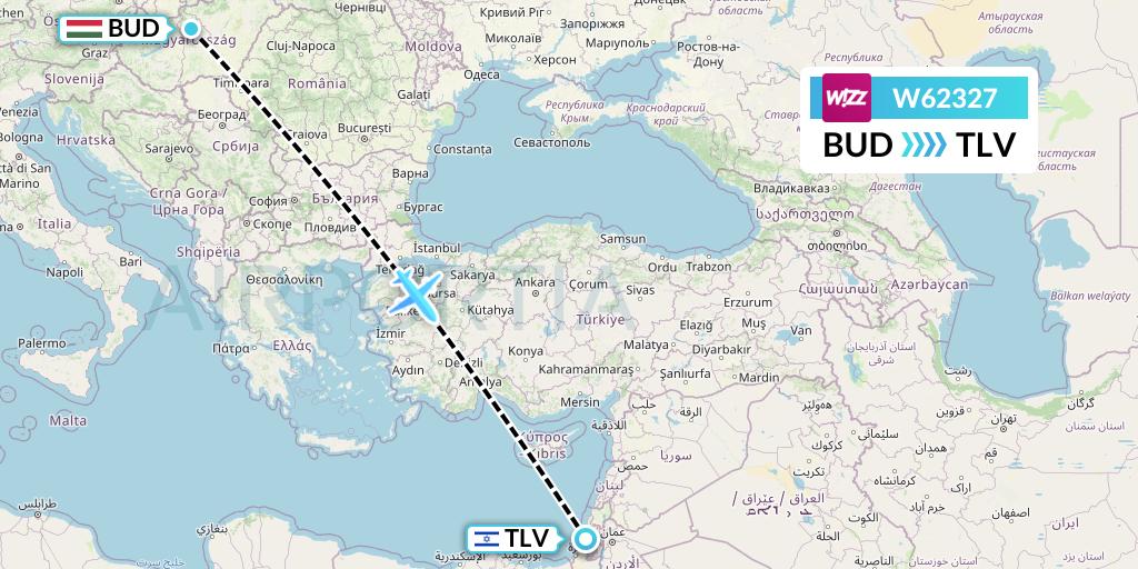 W62327 Wizz Air Flight Map: Budapest to Tel Aviv