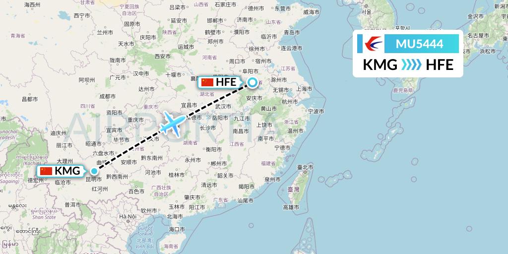 MU5444 China Eastern Airlines Flight Map: Kunming to Hefei