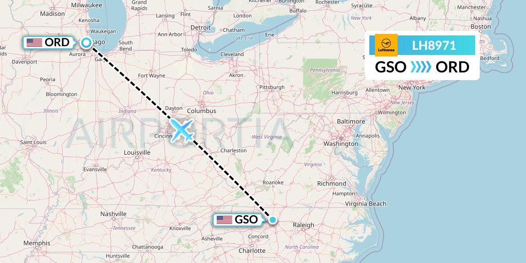 LH8971 Lufthansa Flight Map: Greensboro to Chicago