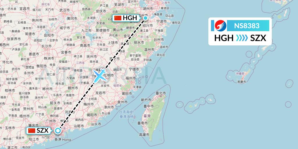 NS8383 Hebei Airlines Flight Map: Hangzhou to Shenzhen