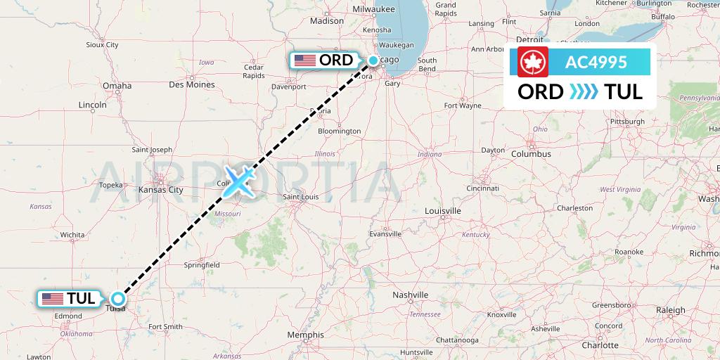 AC4995 Air Canada Flight Map: Chicago to Tulsa