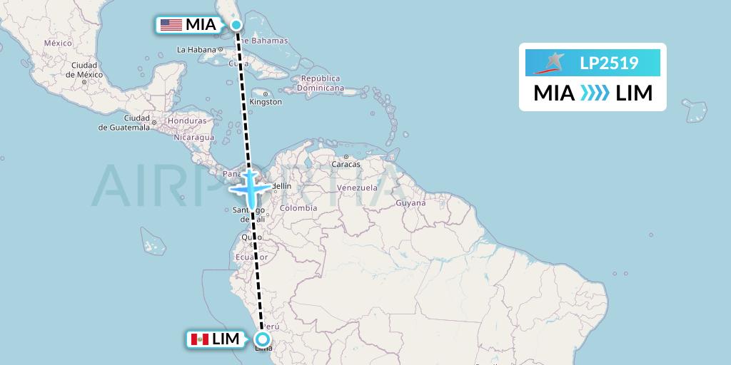 LP2519 LAN Peru Flight Map: Miami to Lima