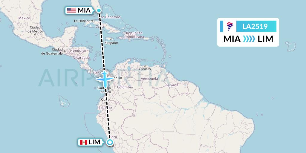 LA2519 LAN Airlines Flight Map: Miami to Lima