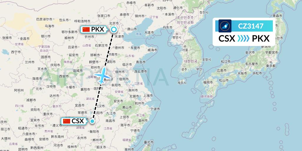 CZ3147 China Southern Airlines Flight Map: Changsha to Beijing