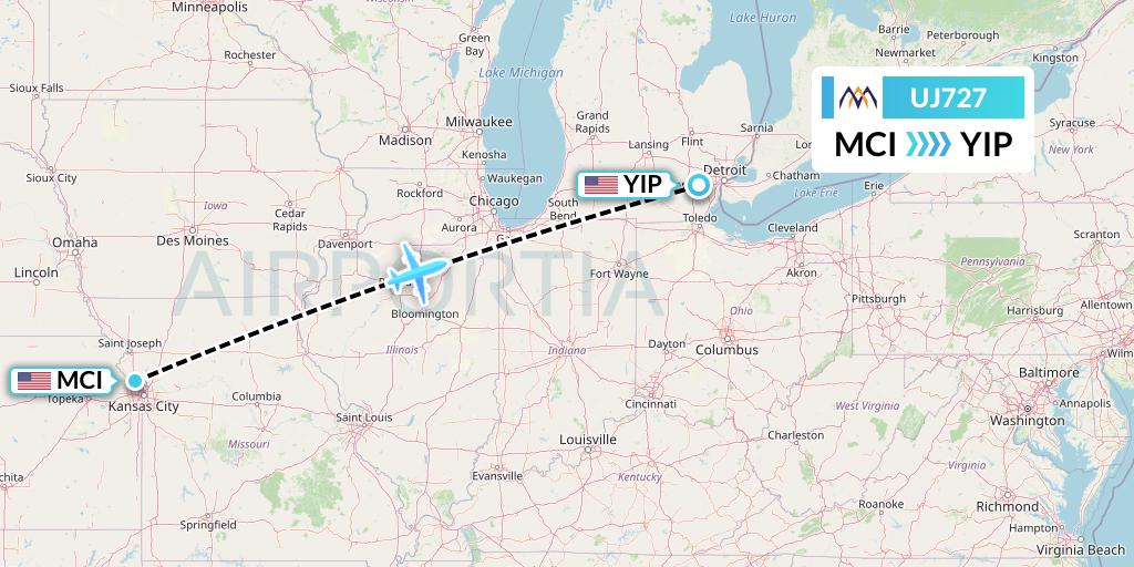 UJ727 AlMasria Universal Airlines Flight Map: Kansas City to Detroit