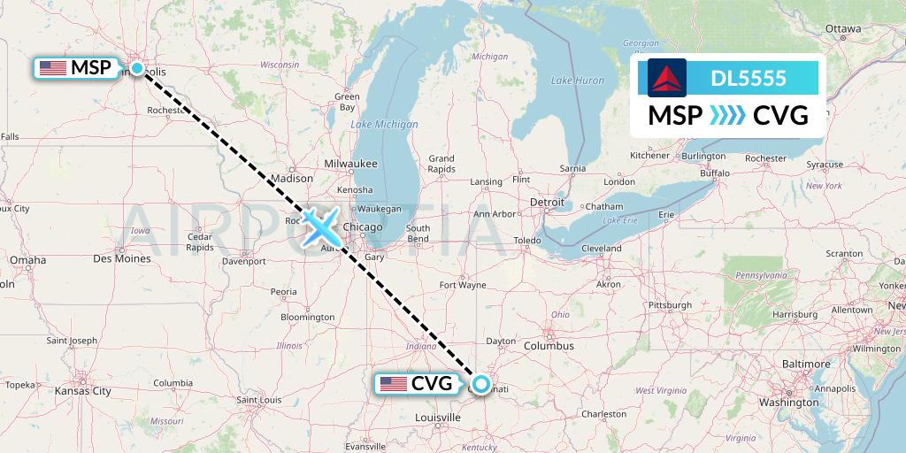 DL5555 Delta Air Lines Flight Map: Minneapolis to Cincinnati