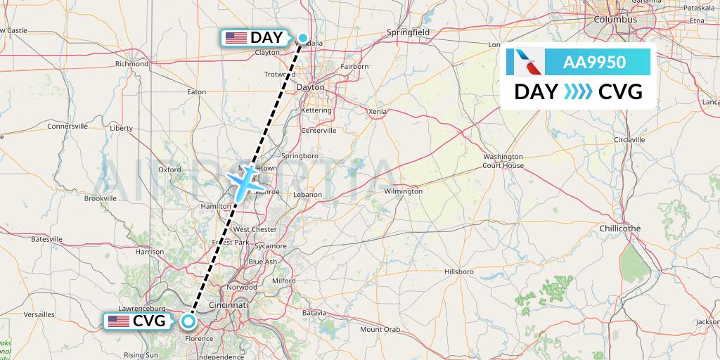 AA9950 American Airlines Flight Map: Dayton to Cincinnati
