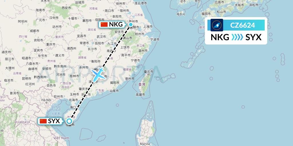 CZ6624 China Southern Airlines Flight Map: Nanjing to Sanya
