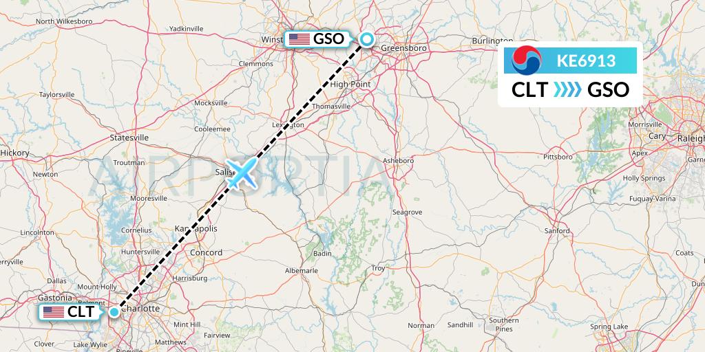 KE6913 Korean Air Flight Map: Charlotte to Greensboro