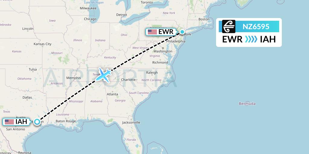 NZ6595 Air New Zealand Flight Map: New York to Houston